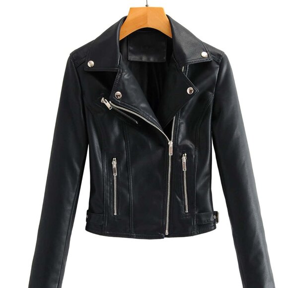Black Casual Women's Zip Up Faux Leather Moto Jacket BIker - Picture 2 of 11